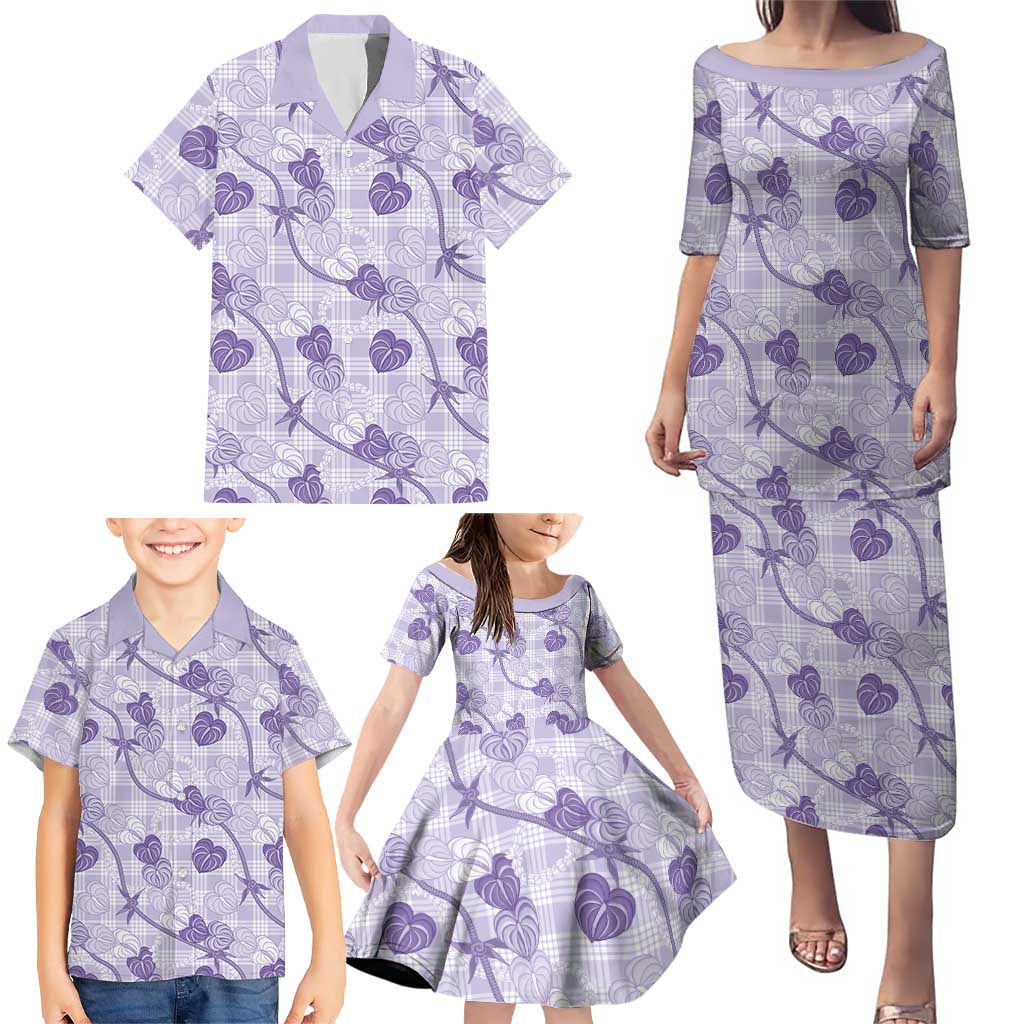 Anthurium Pikake Ti Leaf Palaka Family Matching Puletasi and Hawaiian Shirt Purple Version