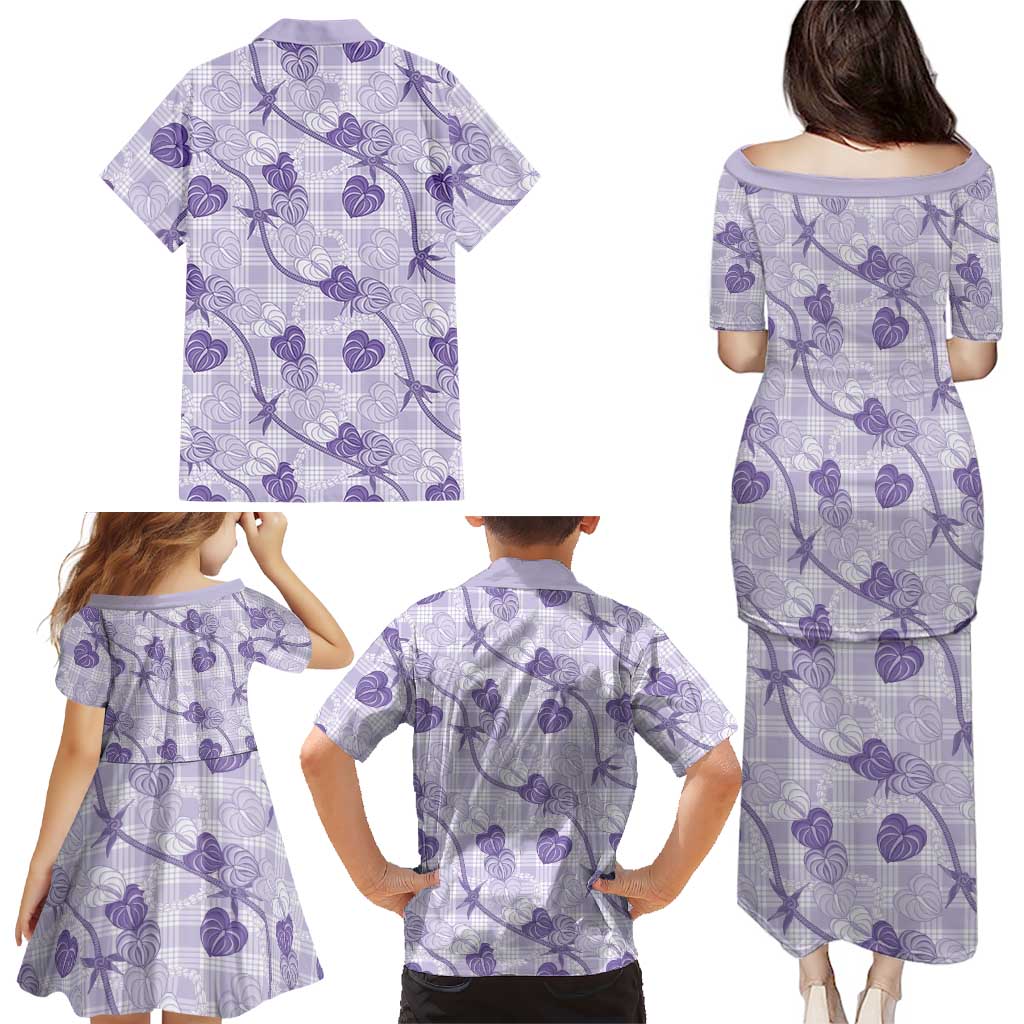Anthurium Pikake Ti Leaf Palaka Family Matching Puletasi and Hawaiian Shirt Purple Version