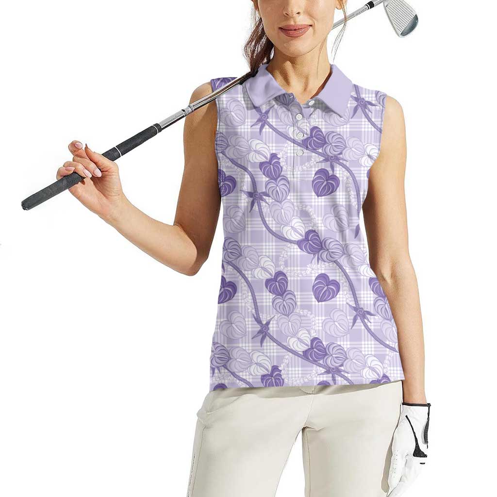 Anthurium Pikake Ti Leaf Palaka Women Sleeveless Polo Shirt Purple Version LT01 - Polynesian Pride