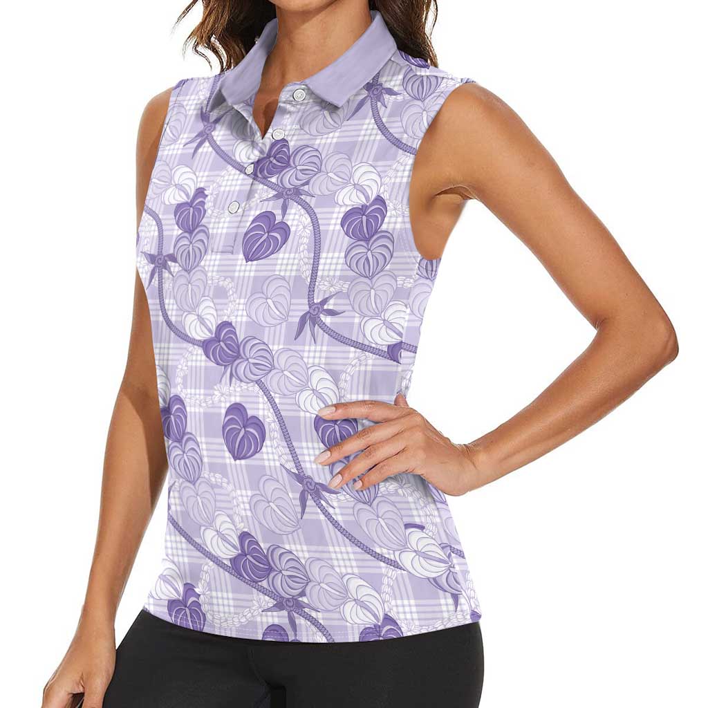 Anthurium Pikake Ti Leaf Palaka Women Sleeveless Polo Shirt Purple Version LT01 - Polynesian Pride