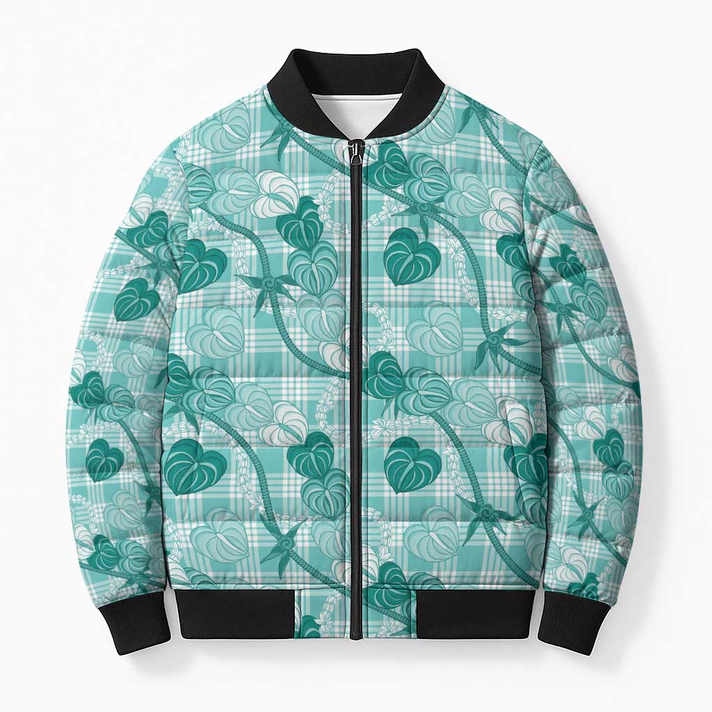 Anthurium Pikake Ti Leaf Palaka Bomber Puffer Jacket Turquoise Version