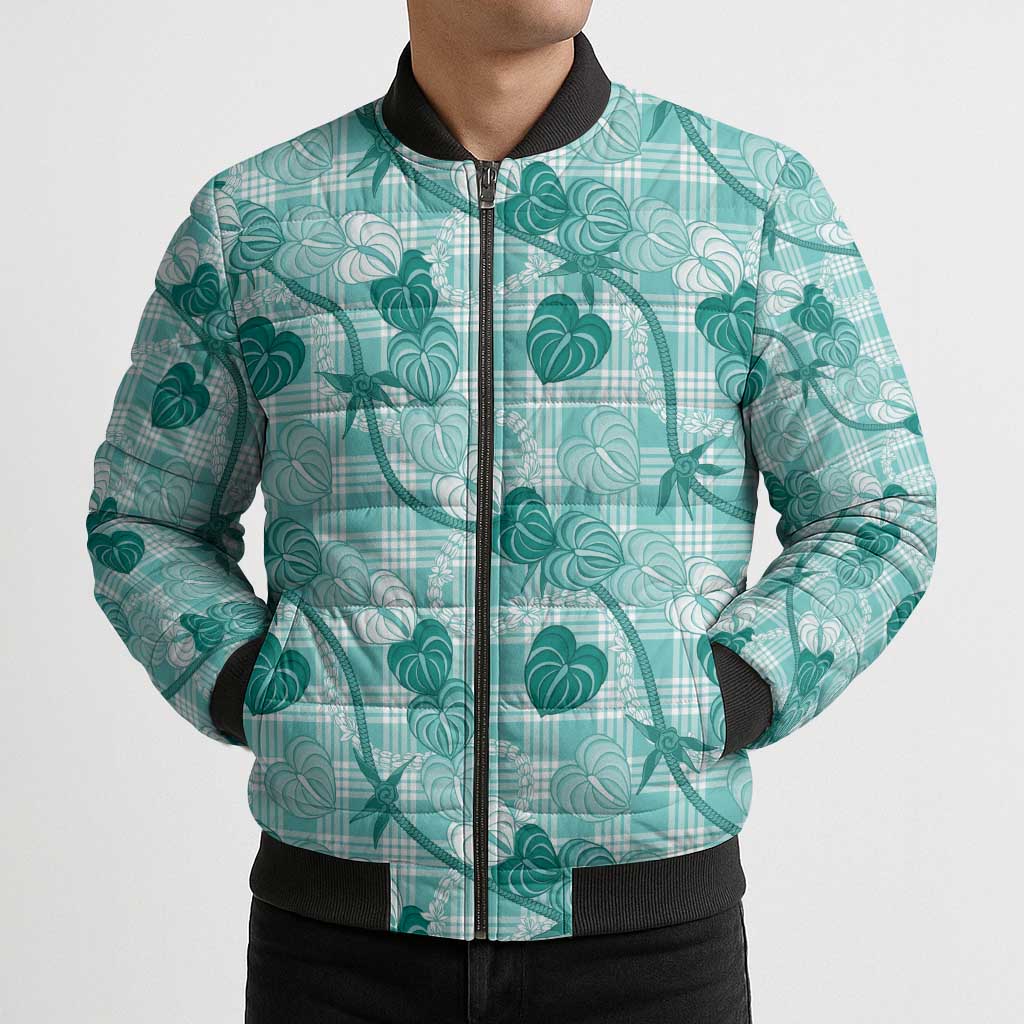 Anthurium Pikake Ti Leaf Palaka Bomber Puffer Jacket Turquoise Version