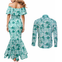 Anthurium Pikake Ti Leaf Palaka Couples Matching Mermaid Dress and Long Sleeve Button Shirt Turquoise Version