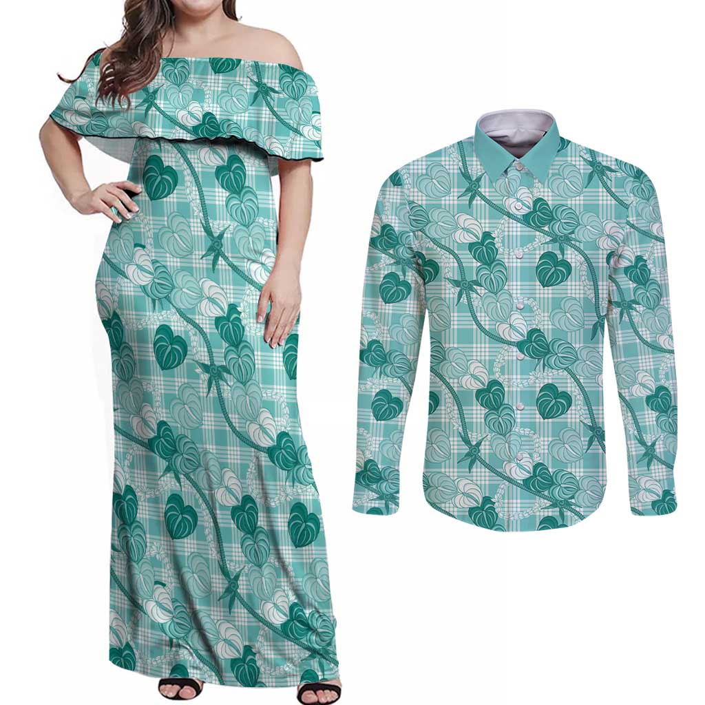 Anthurium Pikake Ti Leaf Palaka Couples Matching Off Shoulder Maxi Dress and Long Sleeve Button Shirt Turquoise Version