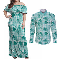 Anthurium Pikake Ti Leaf Palaka Couples Matching Off Shoulder Maxi Dress and Long Sleeve Button Shirt Turquoise Version