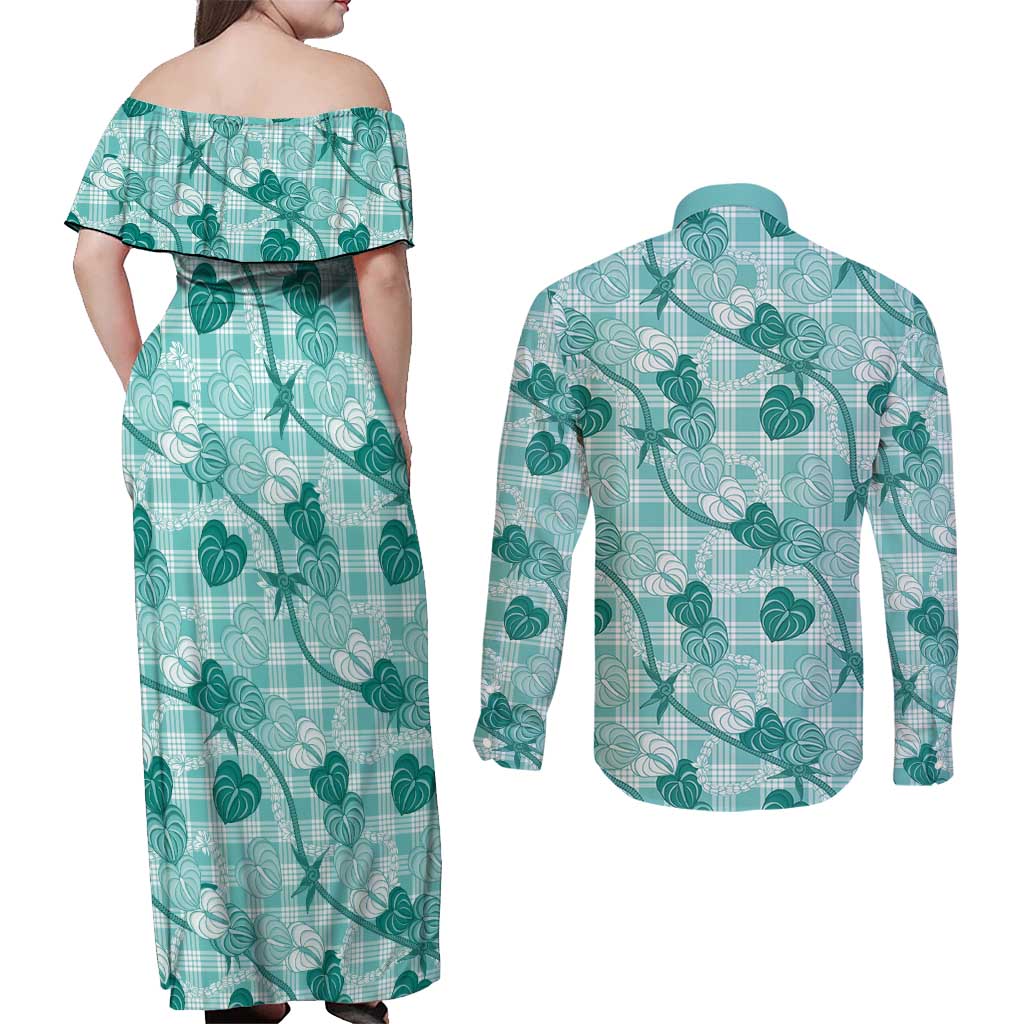Anthurium Pikake Ti Leaf Palaka Couples Matching Off Shoulder Maxi Dress and Long Sleeve Button Shirt Turquoise Version