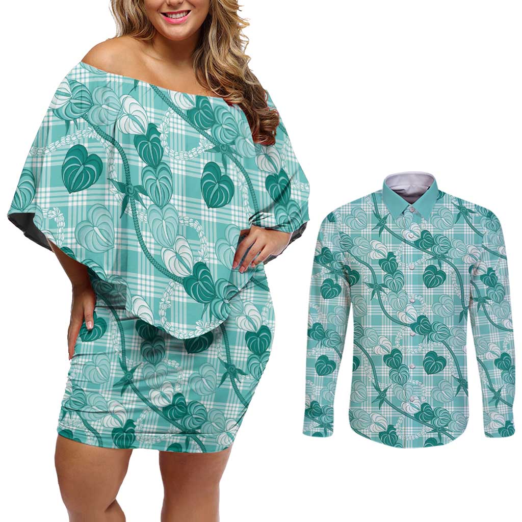 Anthurium Pikake Ti Leaf Palaka Couples Matching Off Shoulder Short Dress and Long Sleeve Button Shirt Turquoise Version