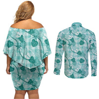 Anthurium Pikake Ti Leaf Palaka Couples Matching Off Shoulder Short Dress and Long Sleeve Button Shirt Turquoise Version