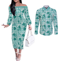 Anthurium Pikake Ti Leaf Palaka Couples Matching Off The Shoulder Long Sleeve Dress and Long Sleeve Button Shirt Turquoise Version
