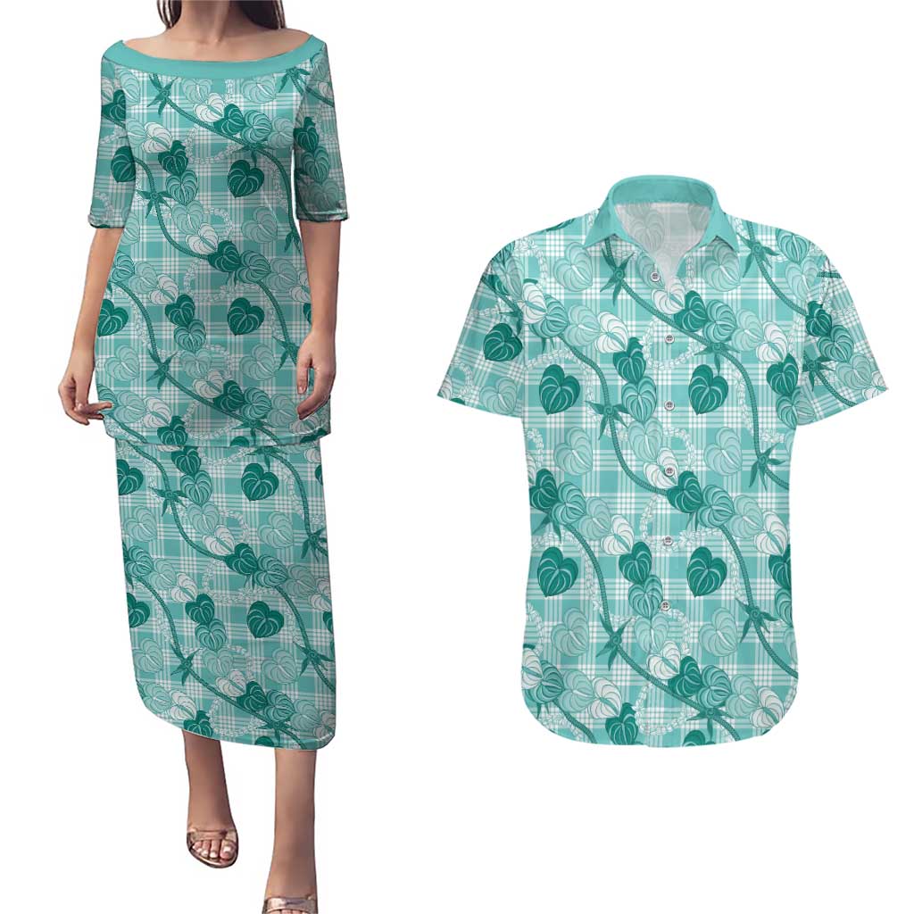 Anthurium Pikake Ti Leaf Palaka Couples Matching Puletasi and Hawaiian Shirt Turquoise Version LT01 Turquoise - Polynesian Pride