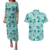 Anthurium Pikake Ti Leaf Palaka Couples Matching Puletasi and Hawaiian Shirt Turquoise Version LT01 Turquoise - Polynesian Pride