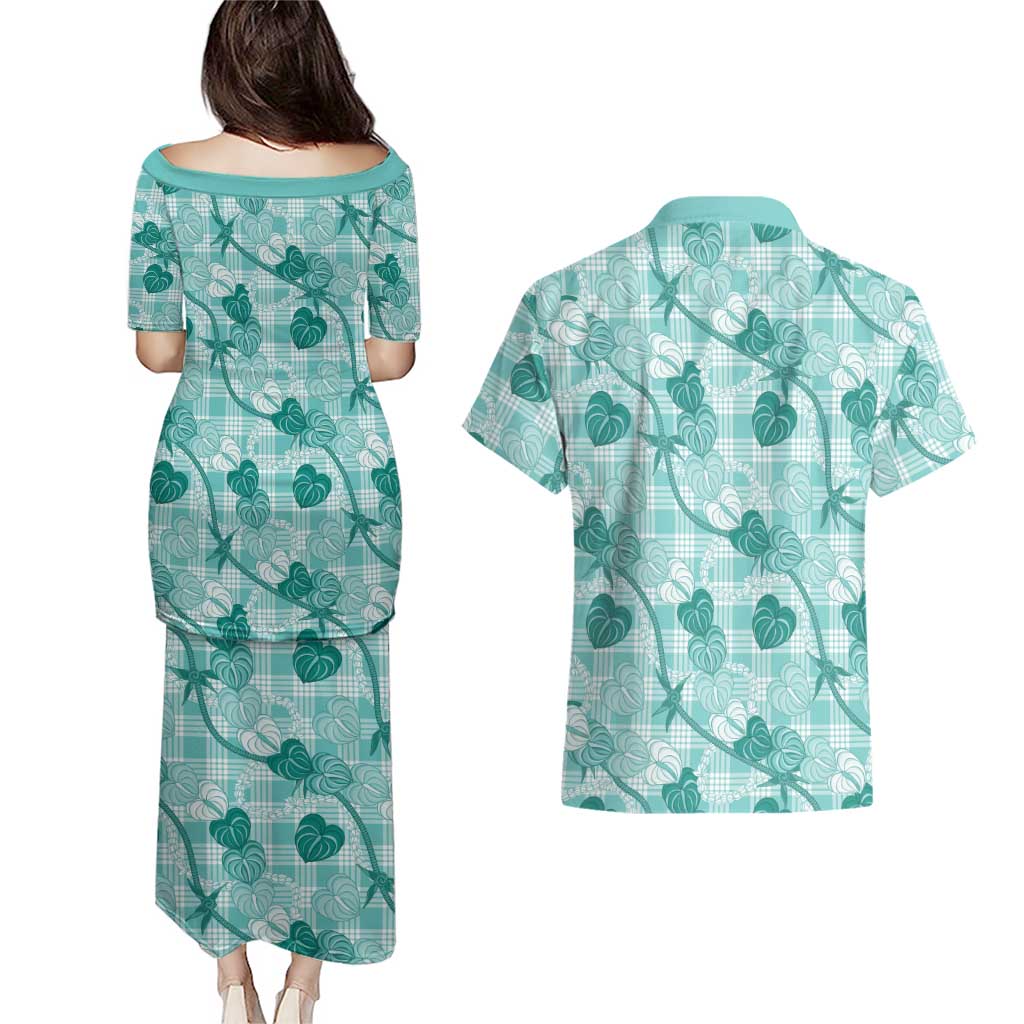 Anthurium Pikake Ti Leaf Palaka Couples Matching Puletasi and Hawaiian Shirt Turquoise Version LT01 - Polynesian Pride