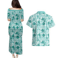 Anthurium Pikake Ti Leaf Palaka Couples Matching Puletasi and Hawaiian Shirt Turquoise Version LT01 - Polynesian Pride