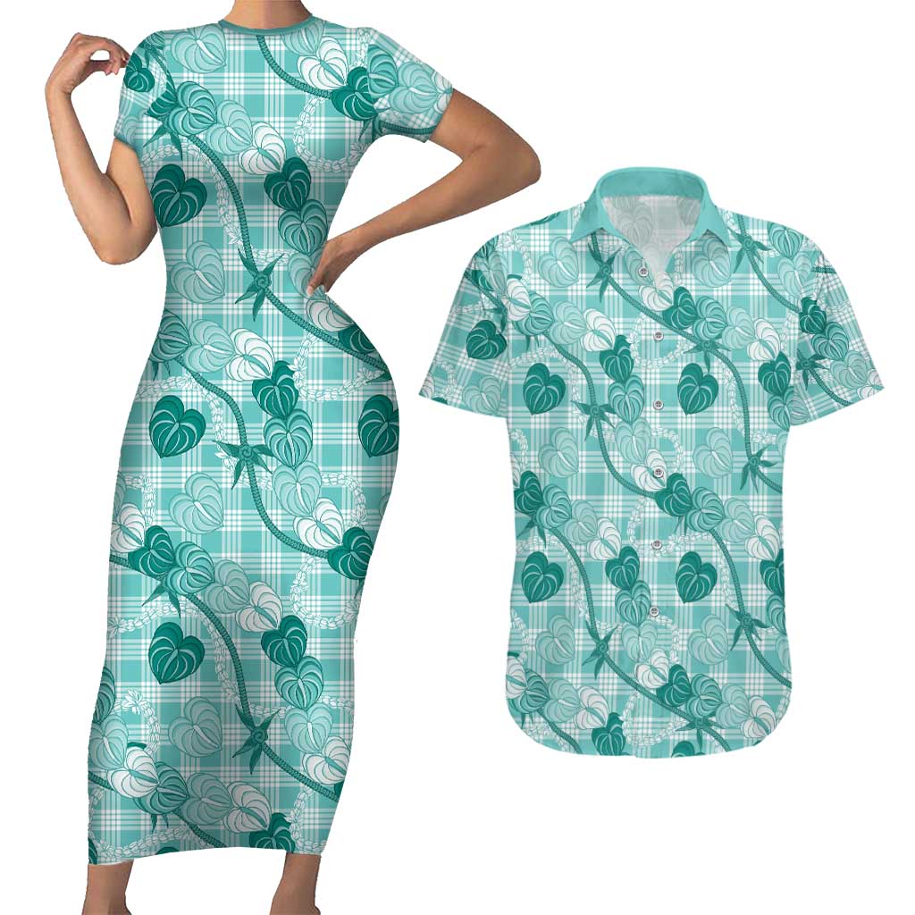 Anthurium Pikake Ti Leaf Palaka Couples Matching Short Sleeve Bodycon Dress and Hawaiian Shirt Turquoise Version LT01 Turquoise - Polynesian Pride