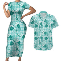 Anthurium Pikake Ti Leaf Palaka Couples Matching Short Sleeve Bodycon Dress and Hawaiian Shirt Turquoise Version LT01 Turquoise - Polynesian Pride