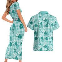 Anthurium Pikake Ti Leaf Palaka Couples Matching Short Sleeve Bodycon Dress and Hawaiian Shirt Turquoise Version LT01 - Polynesian Pride
