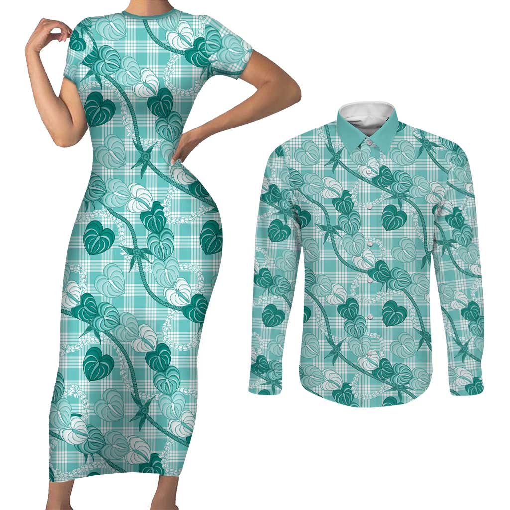 Anthurium Pikake Ti Leaf Palaka Couples Matching Short Sleeve Bodycon Dress and Long Sleeve Button Shirt Turquoise Version