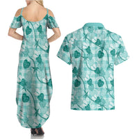 Anthurium Pikake Ti Leaf Palaka Couples Matching Summer Maxi Dress and Hawaiian Shirt Turquoise Version