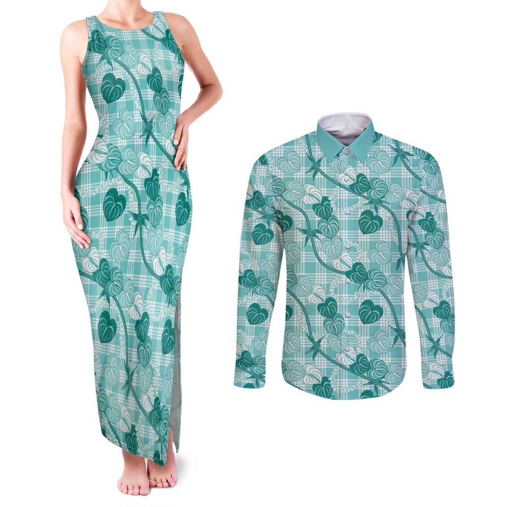 Anthurium Pikake Ti Leaf Palaka Couples Matching Tank Maxi Dress and Long Sleeve Button Shirt Turquoise Version
