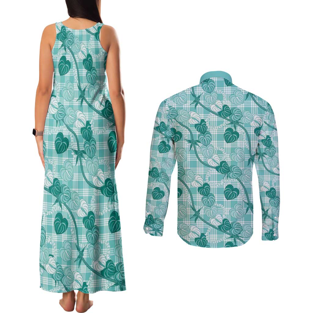 Anthurium Pikake Ti Leaf Palaka Couples Matching Tank Maxi Dress and Long Sleeve Button Shirt Turquoise Version