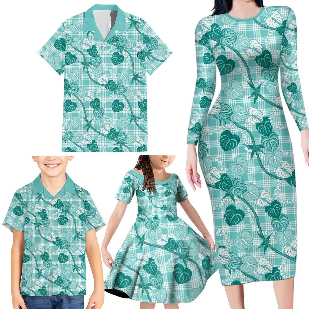 Anthurium Pikake Ti Leaf Palaka Family Matching Long Sleeve Bodycon Dress and Hawaiian Shirt Turquoise Version