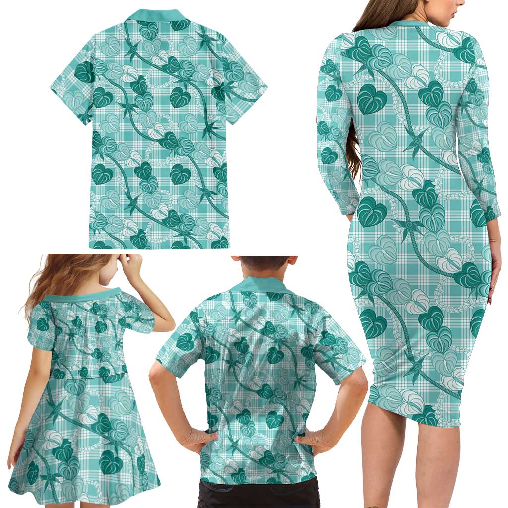 Anthurium Pikake Ti Leaf Palaka Family Matching Long Sleeve Bodycon Dress and Hawaiian Shirt Turquoise Version