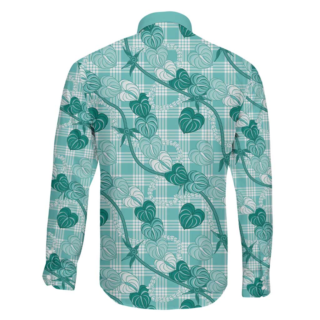 Anthurium Pikake Ti Leaf Palaka Family Matching Long Sleeve Bodycon Dress and Hawaiian Shirt Turquoise Version