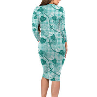 Anthurium Pikake Ti Leaf Palaka Family Matching Long Sleeve Bodycon Dress and Hawaiian Shirt Turquoise Version