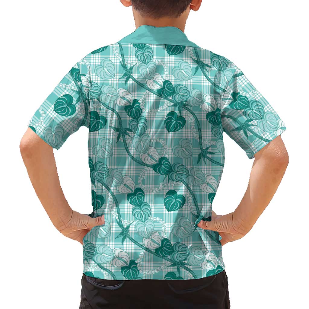 Anthurium Pikake Ti Leaf Palaka Family Matching Mermaid Dress and Hawaiian Shirt Turquoise Version