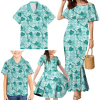 Anthurium Pikake Ti Leaf Palaka Family Matching Mermaid Dress and Hawaiian Shirt Turquoise Version