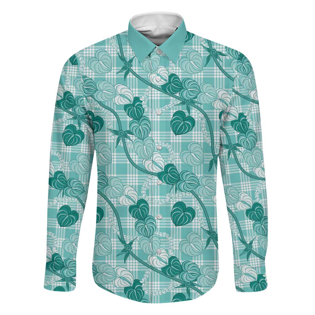 Anthurium Pikake Ti Leaf Palaka Family Matching Mermaid Dress and Hawaiian Shirt Turquoise Version