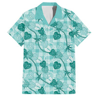 Anthurium Pikake Ti Leaf Palaka Family Matching Off The Shoulder Long Sleeve Dress and Hawaiian Shirt Turquoise Version