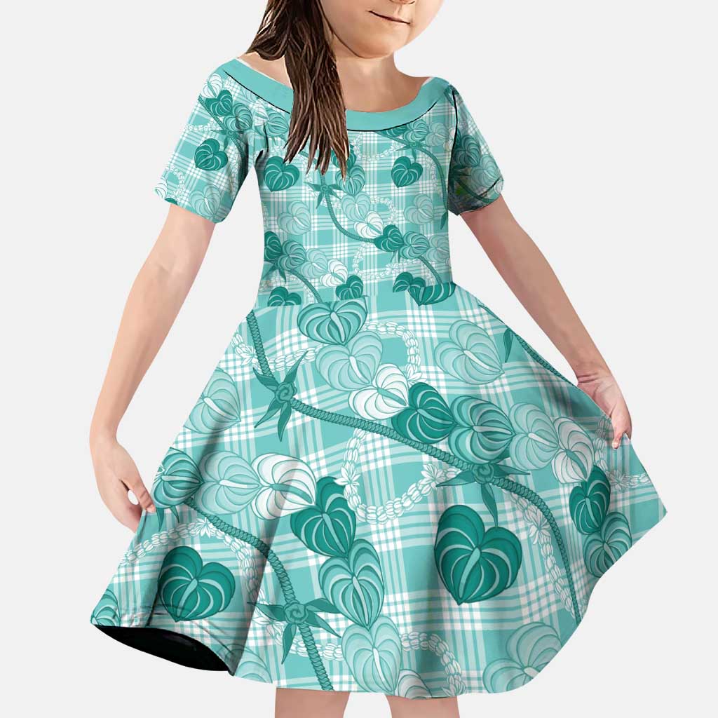 Anthurium Pikake Ti Leaf Palaka Family Matching Off Shoulder Short Dress and Hawaiian Shirt Turquoise Version