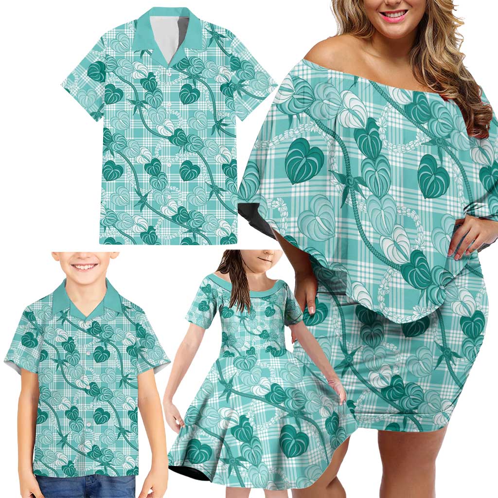 Anthurium Pikake Ti Leaf Palaka Family Matching Off Shoulder Short Dress and Hawaiian Shirt Turquoise Version