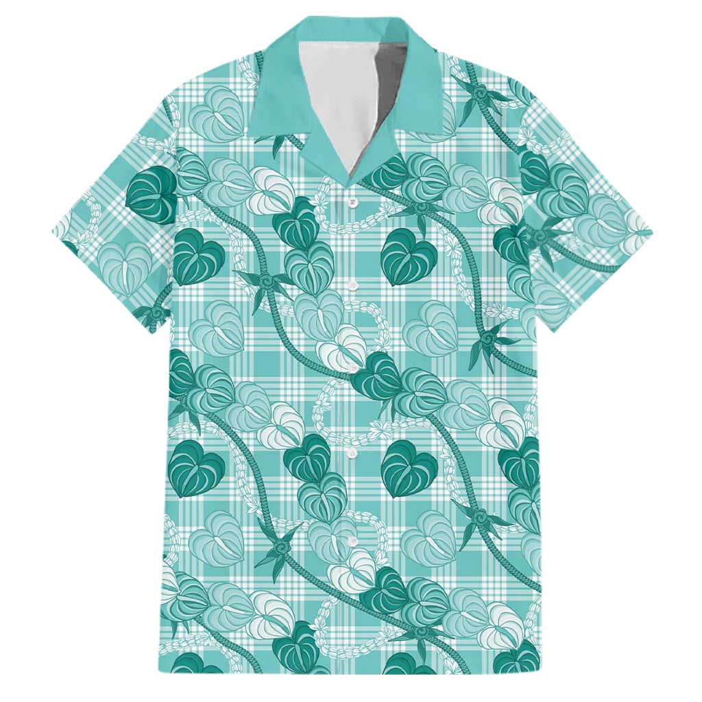 Anthurium Pikake Ti Leaf Palaka Family Matching Off Shoulder Short Dress and Hawaiian Shirt Turquoise Version