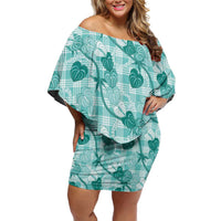 Anthurium Pikake Ti Leaf Palaka Family Matching Off Shoulder Short Dress and Hawaiian Shirt Turquoise Version