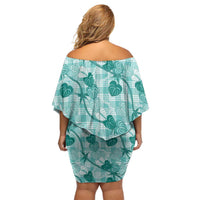 Anthurium Pikake Ti Leaf Palaka Family Matching Off Shoulder Short Dress and Hawaiian Shirt Turquoise Version