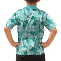 Anthurium Pikake Ti Leaf Palaka Family Matching Puletasi and Hawaiian Shirt Turquoise Version
