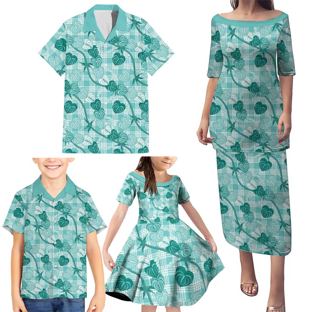 Anthurium Pikake Ti Leaf Palaka Family Matching Puletasi and Hawaiian Shirt Turquoise Version