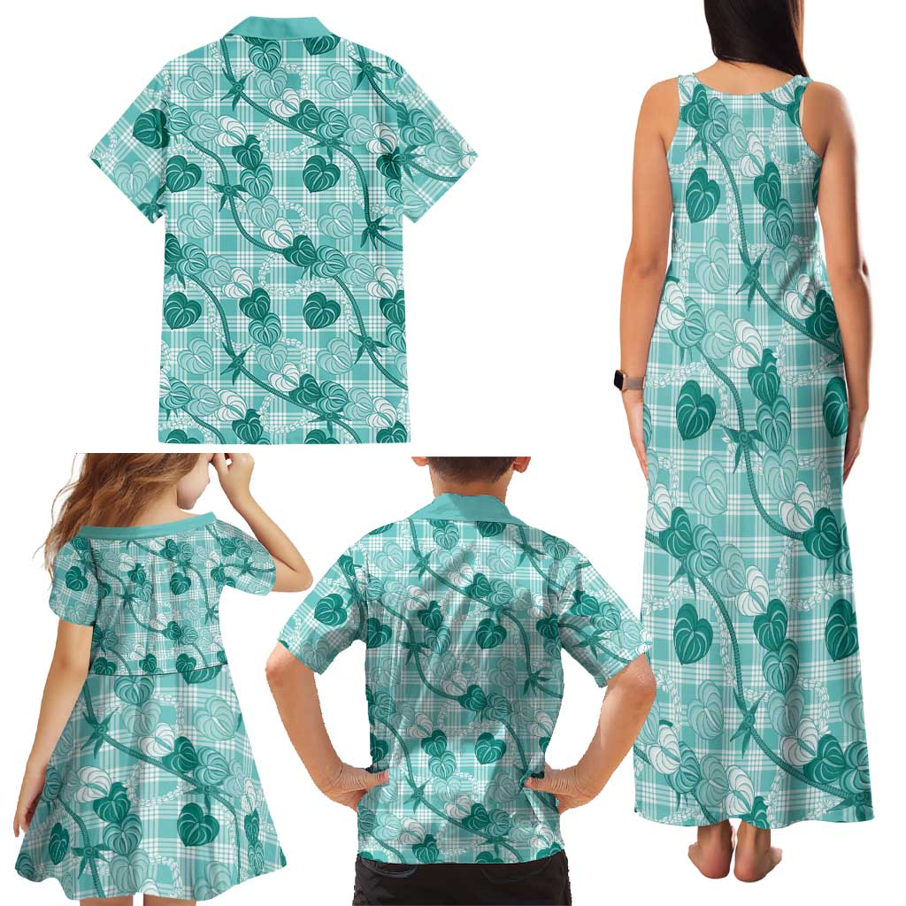 Anthurium Pikake Ti Leaf Palaka Family Matching Tank Maxi Dress and Hawaiian Shirt Turquoise Version