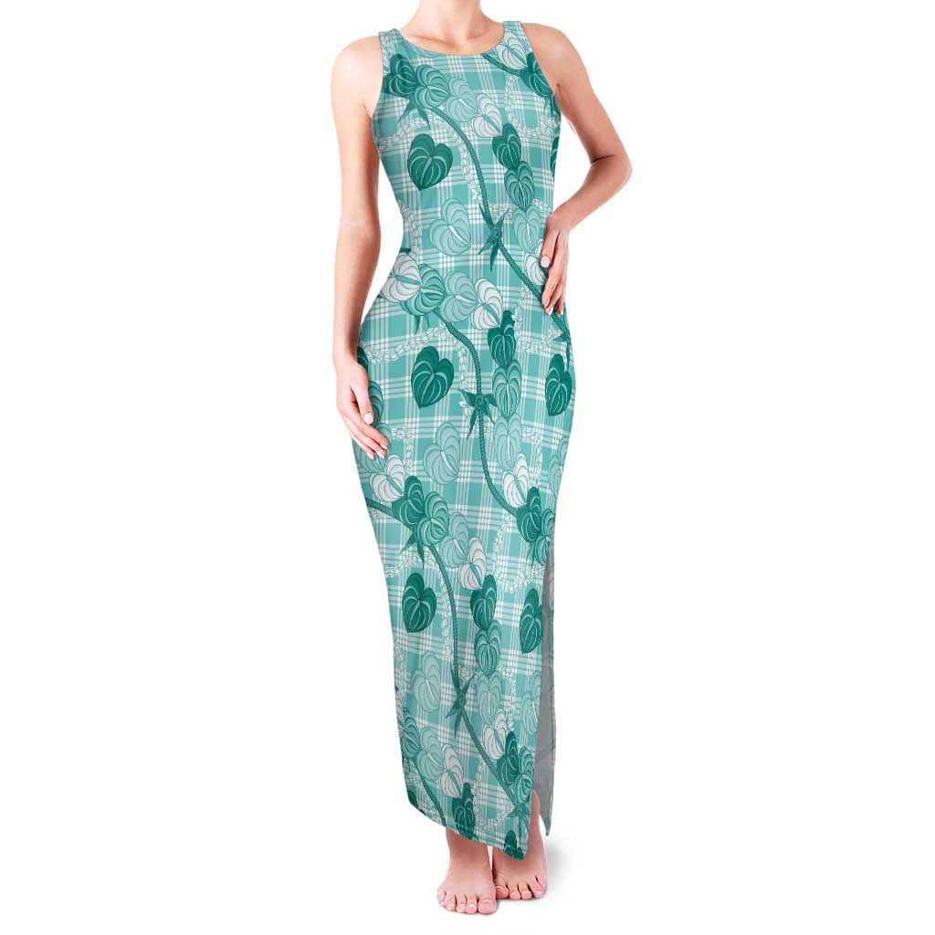 Anthurium Pikake Ti Leaf Palaka Family Matching Tank Maxi Dress and Hawaiian Shirt Turquoise Version