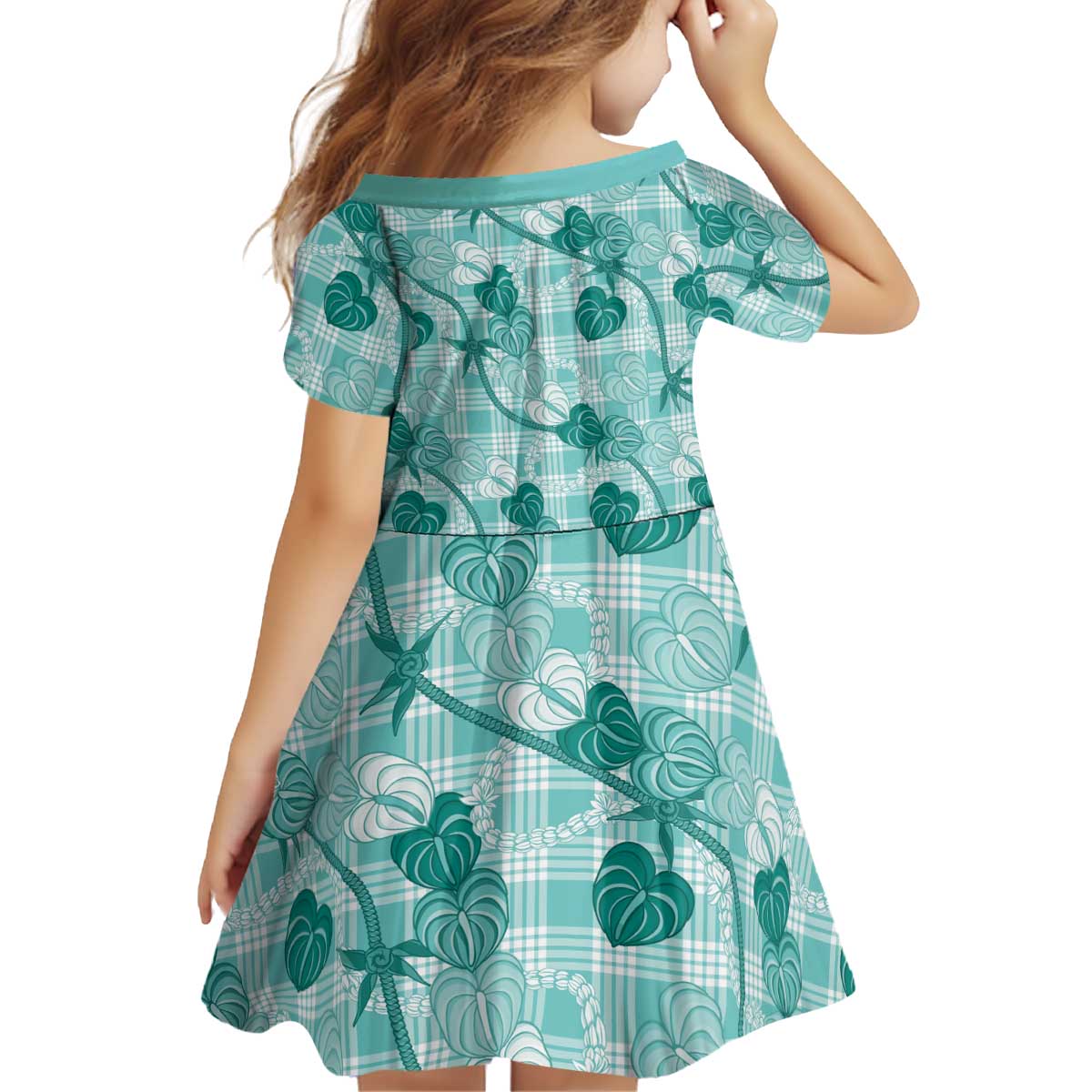 Anthurium Pikake Ti Leaf Palaka Kid Short Sleeve Dress Turquoise Version