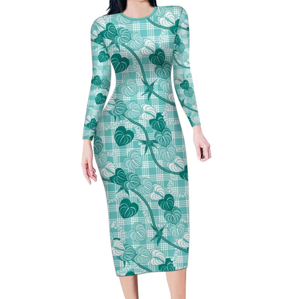 Anthurium Pikake Ti Leaf Palaka Long Sleeve Bodycon Dress Turquoise Version