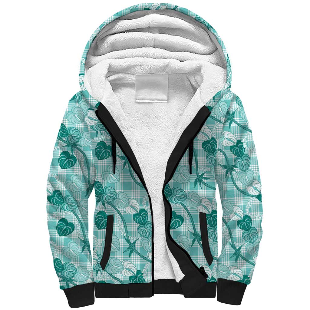 Anthurium Pikake Ti Leaf Palaka Sherpa Hoodie Turquoise Version