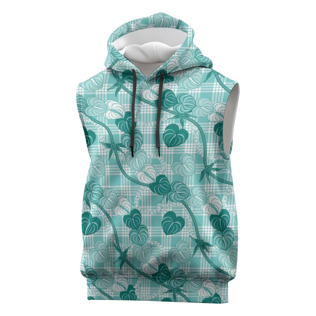 Anthurium Pikake Ti Leaf Palaka Sleeveless Hoodie Turquoise Version