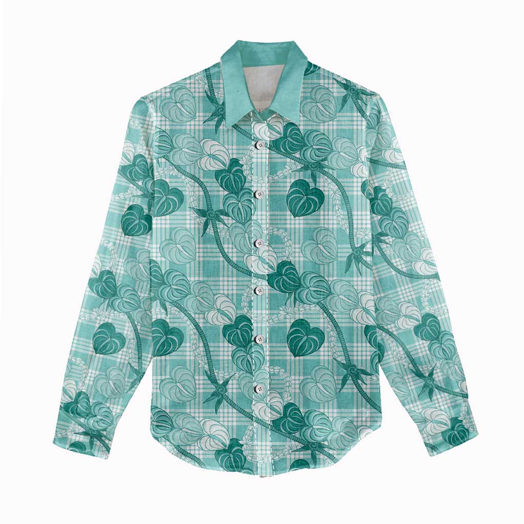 Anthurium Pikake Ti Leaf Palaka Women Casual Shirt Turquoise Version