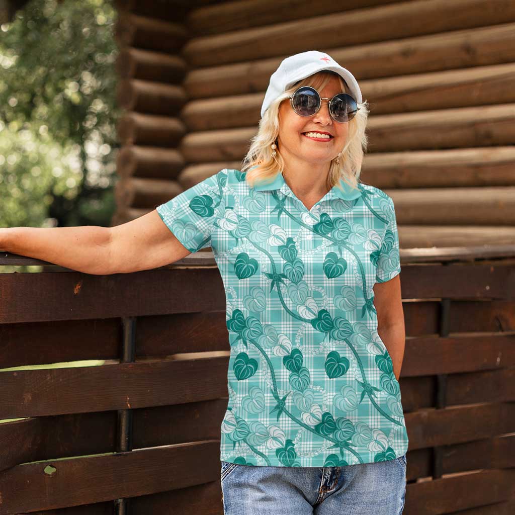 Anthurium Pikake Ti Leaf Palaka Women Polo Shirt Turquoise Version