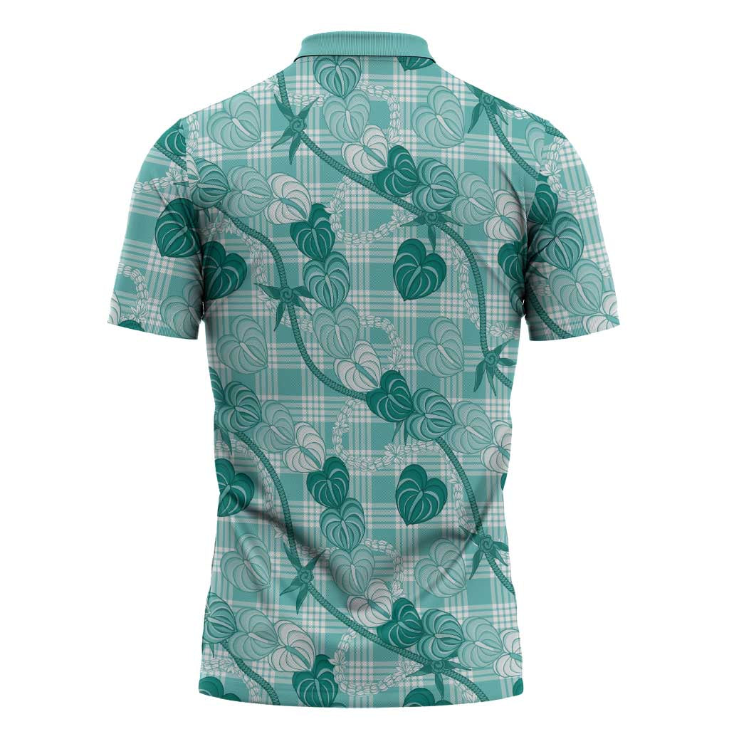 Anthurium Pikake Ti Leaf Palaka Zipper Polo Shirt Turquoise Version