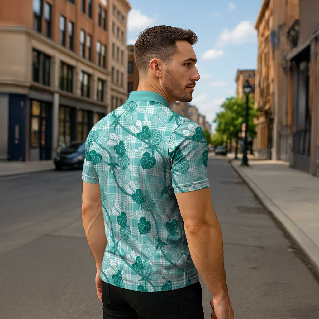 Anthurium Pikake Ti Leaf Palaka Zipper Polo Shirt Turquoise Version