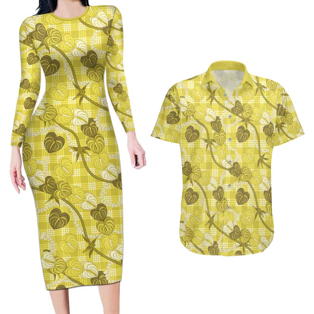 Anthurium Pikake Ti Leaf Palaka Couples Matching Long Sleeve Bodycon Dress and Hawaiian Shirt Yellow Version LT01 Yellow - Polynesian Pride